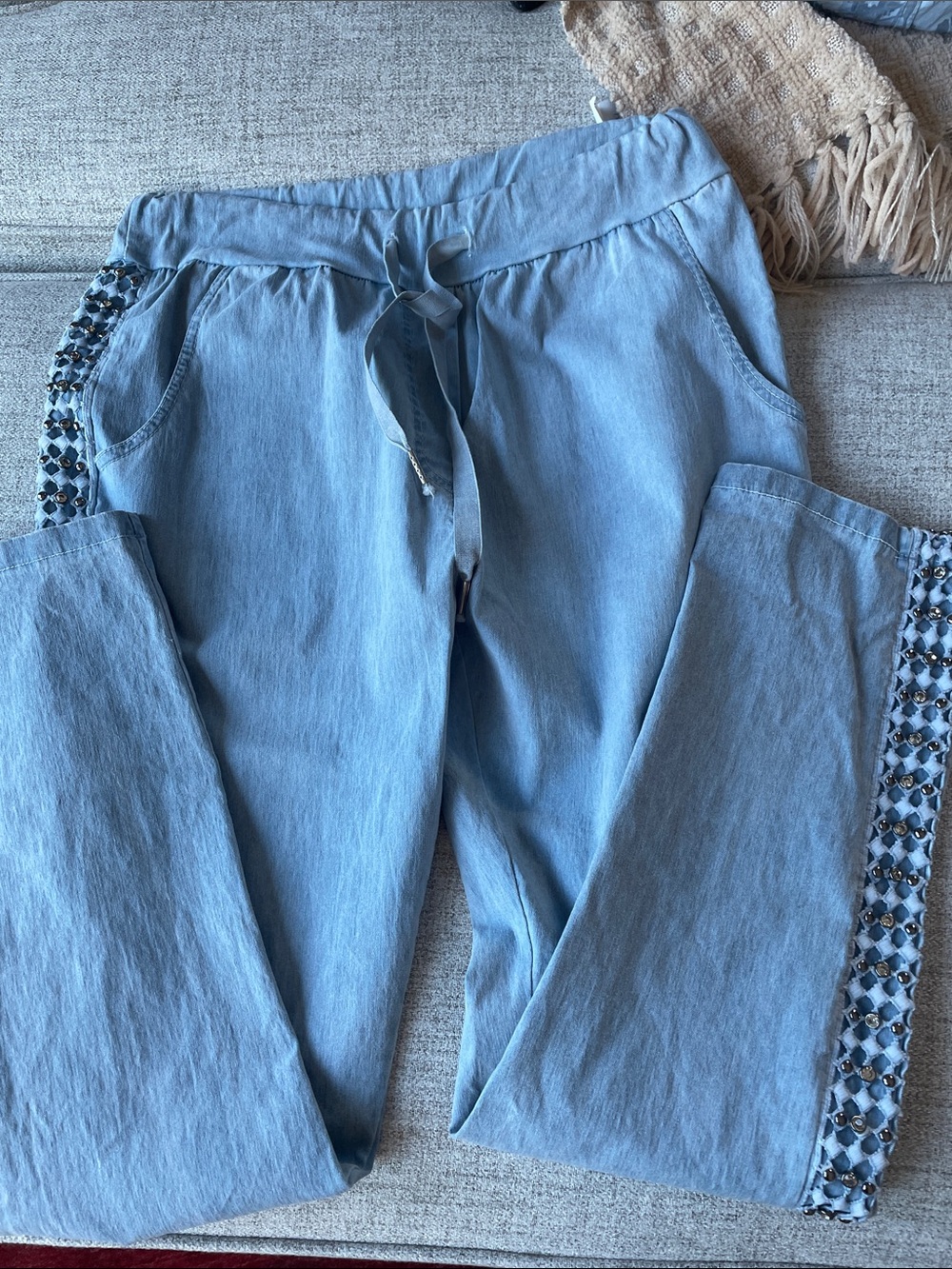 Made in Italy- Womens Drawstring Chambray Jogger Pants with embellished Side
